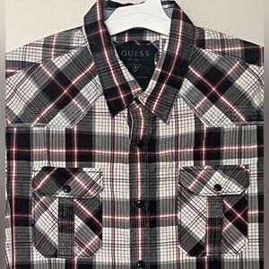 Guess Men's Black, White, and Red Checkered Shirt Silver Trim Cotton Sz L